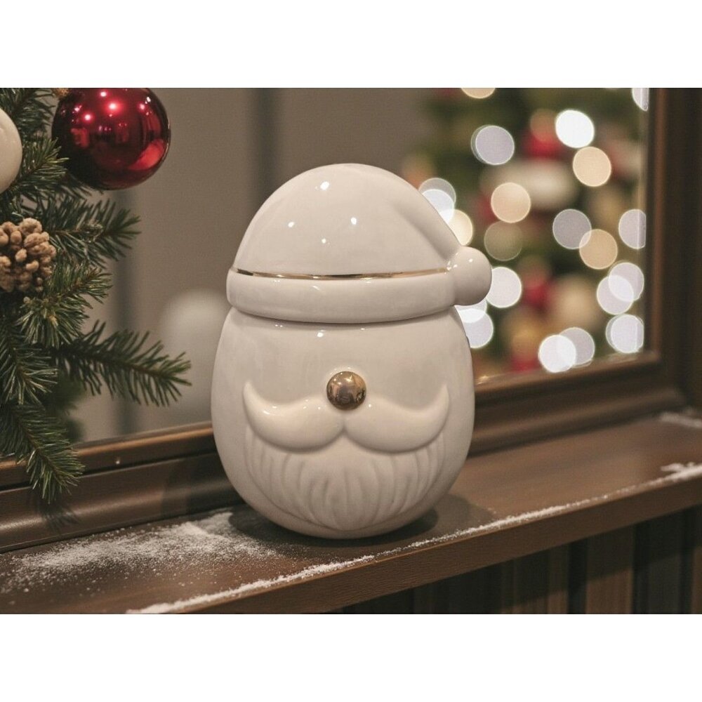New Holiday Christmas White / Gold Santa Claus Cookie Dog Treat Jar Kitchen
